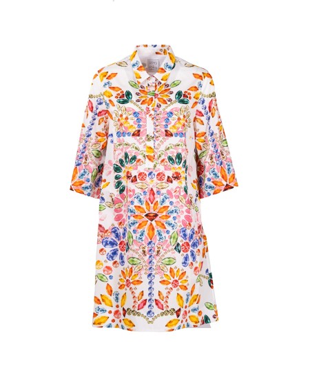 Shop SARA ROKA  Dress: Sara Roka "Jackalyn" cotton dress.
Tunic shirt dress above the knee.
Printed poplin, white background with multicolored jewel print.
¾ sleeve.
Composition: 100% cotton.
Made in Italy.. JACKALYN S1Q1100 CC31-353